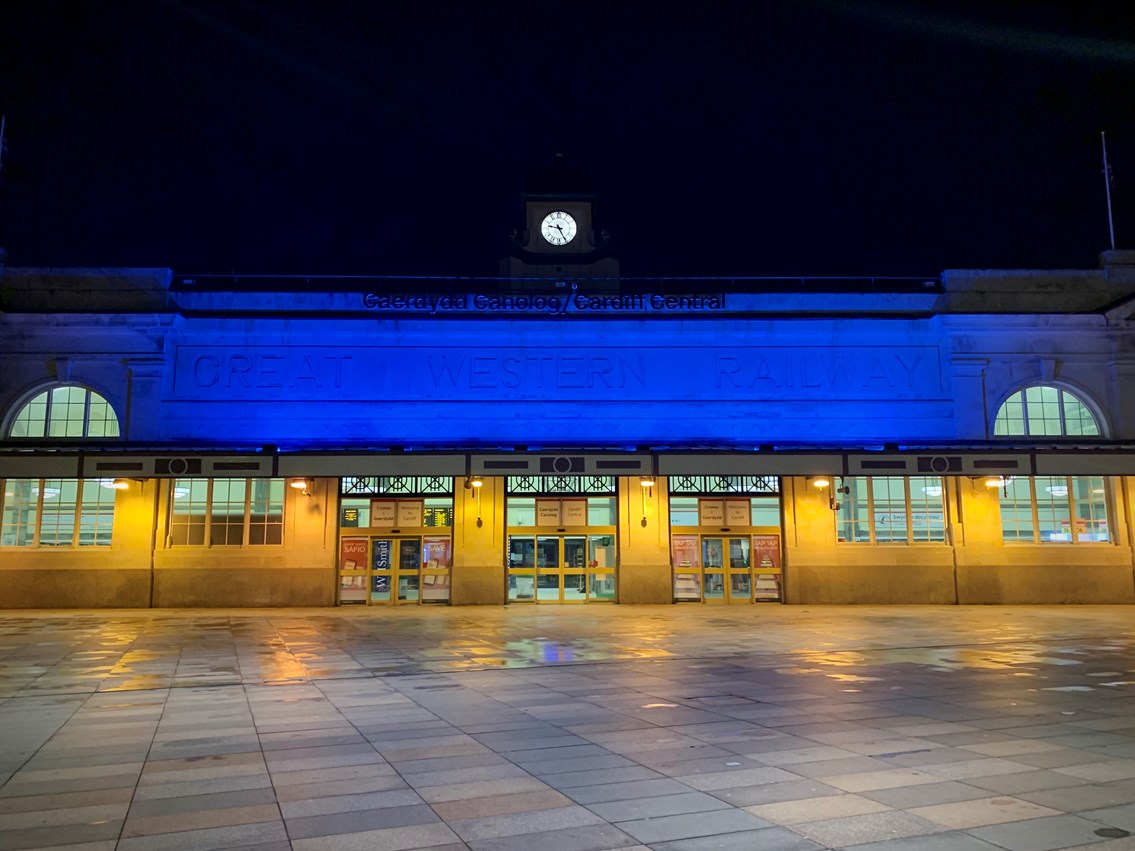 Cardiff Central lighting up blue for NHS and all critical workers: Cardiff Central 2