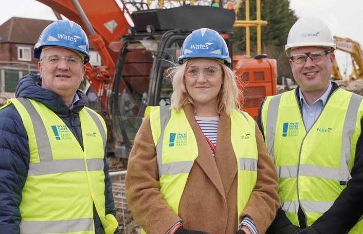 Housing 3: Councillor James Lewis, the leader of Leeds City Council, and Councillor Jess Lennox, the council’s executive member for housing, with David Wingfield from Wates at the Amberton Terrace building site.