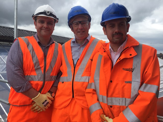 Darren Horley from Virgin Trains; Carlisle MP John Stevenson; and Pat Cawley from Network Rail, on the roof of Carlisle station