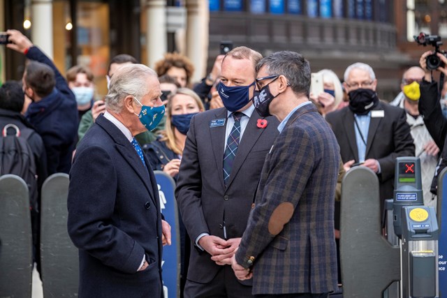 HRH Prince Charles was welcomed at Glasgow Central by Alex Hynes of Scotland's Railway  (c) and Martin Frobisher of Network Rail (R)
