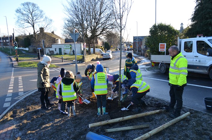 Local school children help plant trees to mark completion of the Fink Hill highways scheme: Featherbank School tree planting Fink Hill