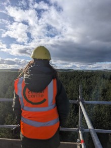 Dr Emily Taylor, General Manager for the Crichton Carbon Centre at the top of the flux tower - free use - please credit Crichton Carbon Centre: Dr Emily Taylor, General Manager for the Crichton Carbon Centre at the top of the flux tower - free use - please credit Crichton Carbon Centre