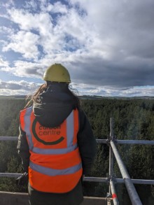 Dr Emily Taylor, General Manager for the Crichton Carbon Centre at the top of the flux tower - free use -  please credit Crichton Carbon Centre: Dr Emily Taylor, General Manager for the Crichton Carbon Centre at the top of the flux tower - free use -  please credit Crichton Carbon Centre