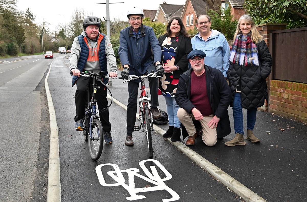 L to R: Mark Lyford, Sustrans; Cllr Tony Page, Lead Councillor for Climate Strategy and Transport; Ward councillors Cllr Ruth McEwan; Cllr Paul Woodward; Cllr Andrew Hornsby-Smith; Cllr Karen Rowland, Lead Councillor for Neighbourhoods.