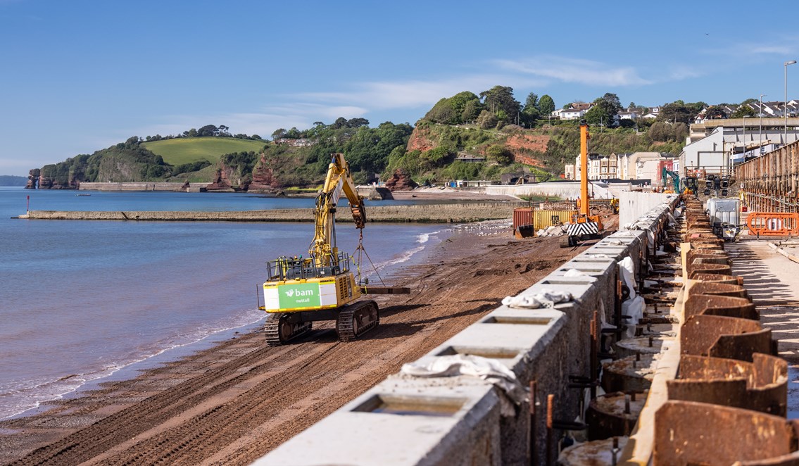 View of Dawlish beach from on top of the second section of new sea wall