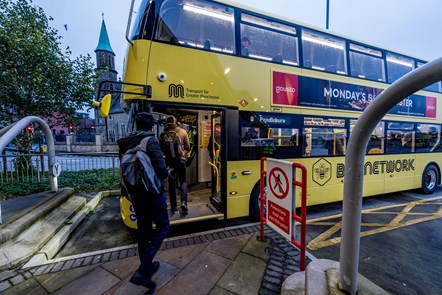 Passengers board one of the first of Manchester's franchised bus services. The Go-Ahead Group mobilised the first services under the city's new Bee Network from depots in Bolton and Wigan this morning.