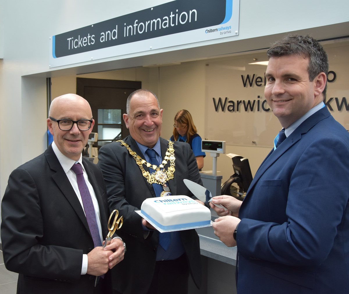 Warwick Parkway Station re-opening - Tuesday 11th June 2019. 
L-R: Matt Western - MP for Warwick and Leamington, Councillor Neale Murphy - Mayor of Warwick & Alan RIley - Chiltern Railways Customer Services Director.