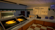 Grease Trap '99: Early prototype screenshot of the video game 'Grease Trap '99', showing the inside of a digitally designed Fish and Chip shop.