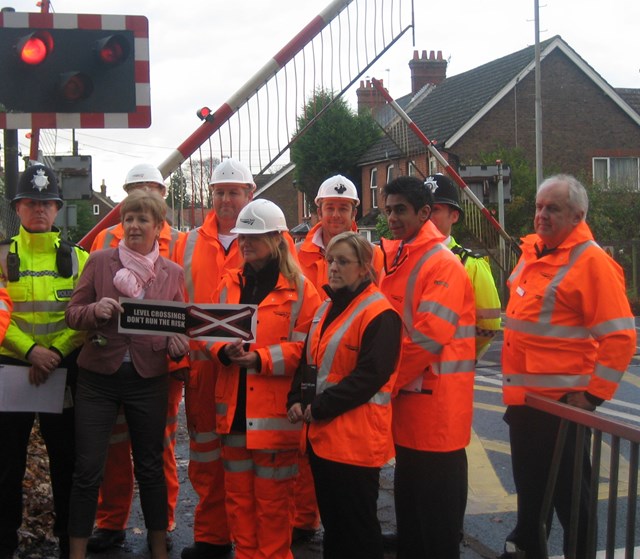 NETWORK RAIL ASKS CRAWLEY ‘WOULD IT KILL YOU TO WAIT?’: Crawley MP Laura Moffatt with Network Rail level crossing safety awareness team