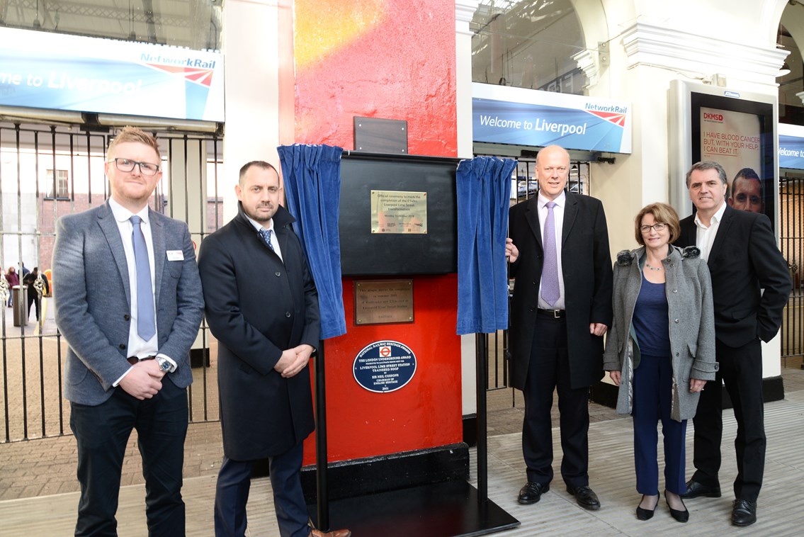 Transport Secretary Chris Grayling unveiling a plaque at Lime Street with (from left): Sean Hyland, Network Rail; Pat Cawley, Network Rail; Louise Ellman MP; Steve Rotherham, Metro Mayor of the Liverpool City Region