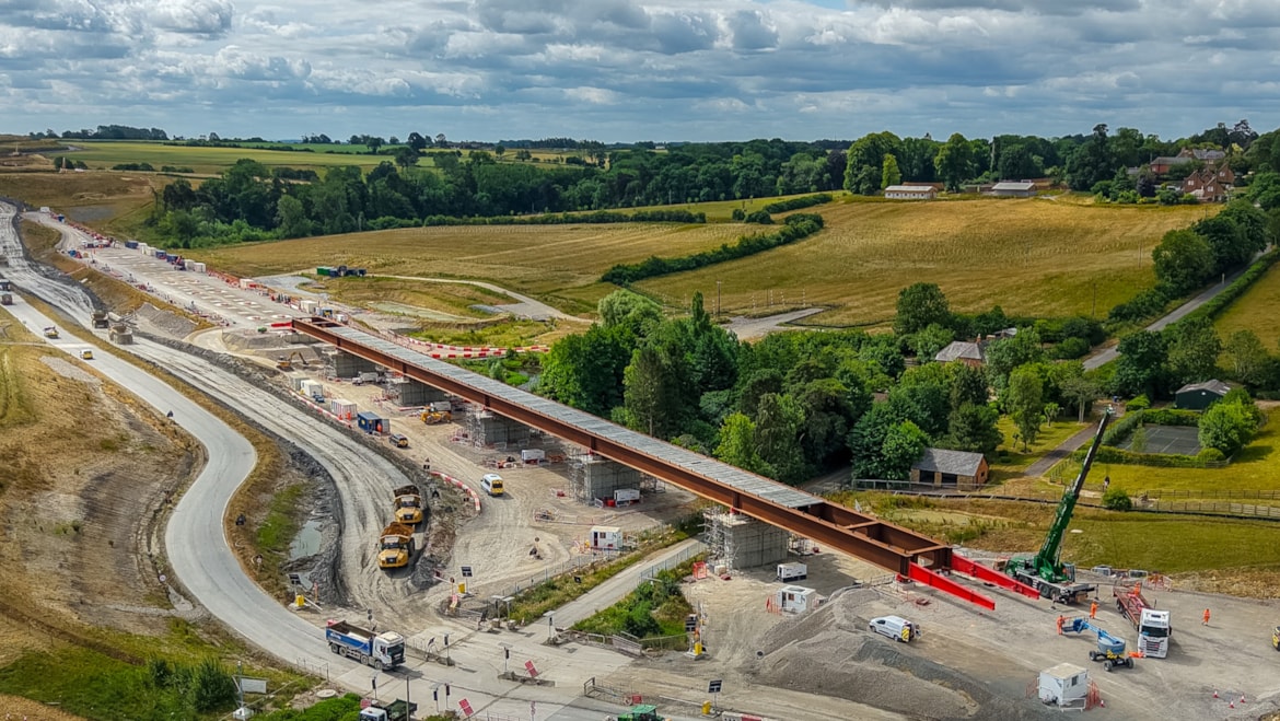 HS2 completes three-day Northants viaduct slide: Aerial view of Lower Thorpe Viaduct deck installed in final position June 2025