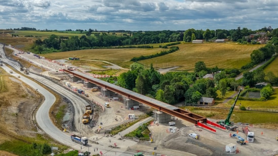 Aerial view of Lower Thorpe Viaduct deck installed in final position June 2025: Aerial view of Lower Thorpe Viaduct deck installed in final position June 2025