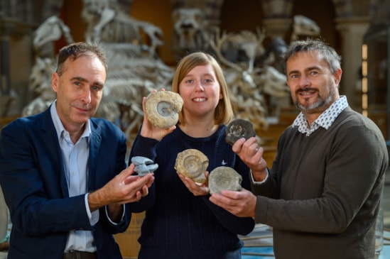 HS2 senior engineer Simon Butler (L) and EKFB lead geologist Giles Hemmings (R) with Dr Emily Swaby at the OUMNH: HS2 senior engineer Simon Butler (L) and EKFB lead geologist Giles Hemmings (R) with Dr Emily Swaby at the OUMNH