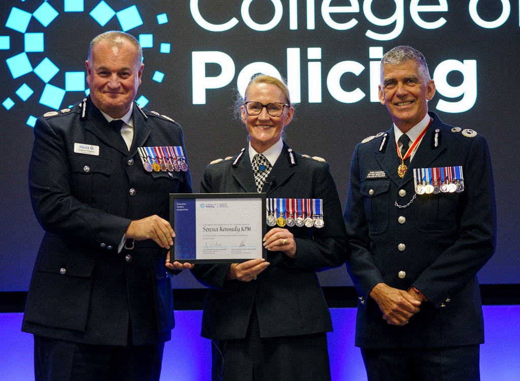 (L-R) Chief Constable Sir Stephen Watson, Service Director for ELP, Chief Constable Serena Kennedy, Cohort Director, and Chief Constable Sir Andy Marsh, CEO of the College of Policing, at the graduation.