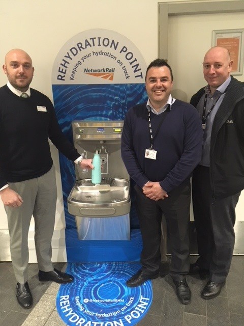 Network Rail makes a splash at Birmingham New Street station: L-R Patrick Power, Station Manager Birmingham New St and Lee Turner and Chris White from Network Rail