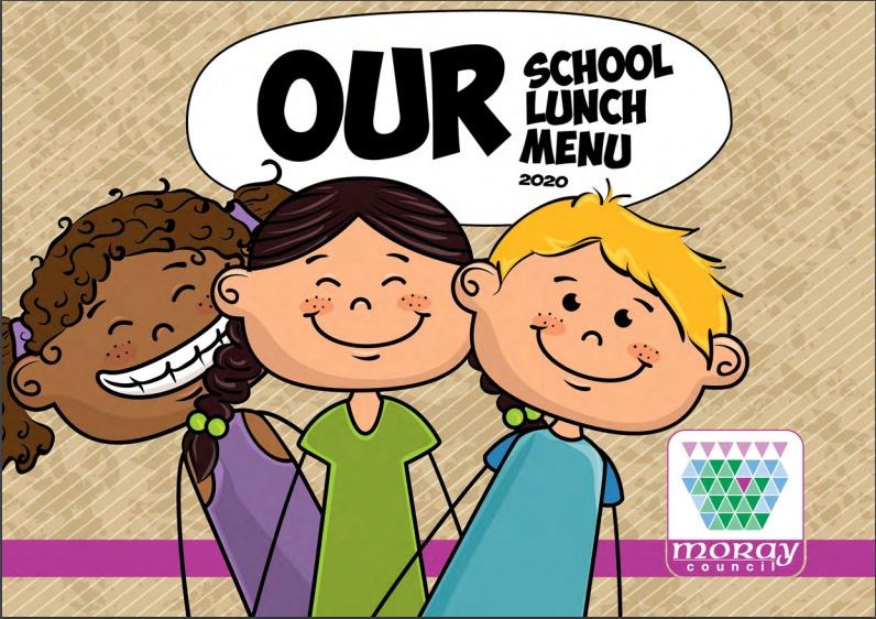 School lunch menu cover - three smiling cartoon children