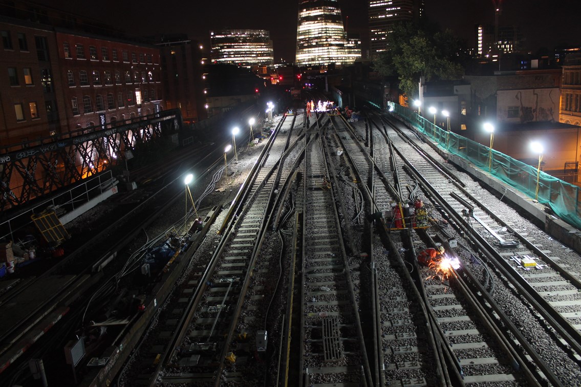 A welder works through the night between London Bridge and Waterloo East: A welder works through the night on Saturday, Sept 12, between London Bridge and Waterloo East. These crossovers will link trains from Charing Cross to the new Borough Viaduct