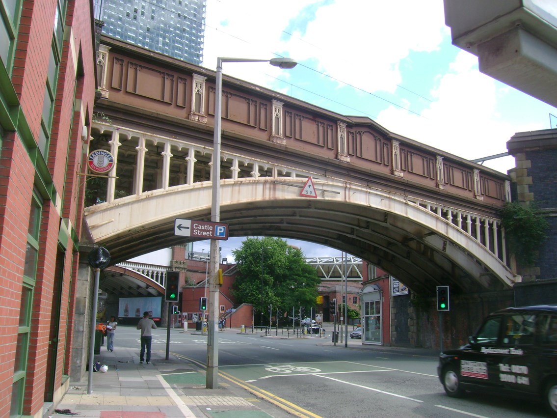Chester Road bridge, Manchester: Rail bridge over main road near Deansgate station in Manchester city centre, being refurbished by Network Rail.