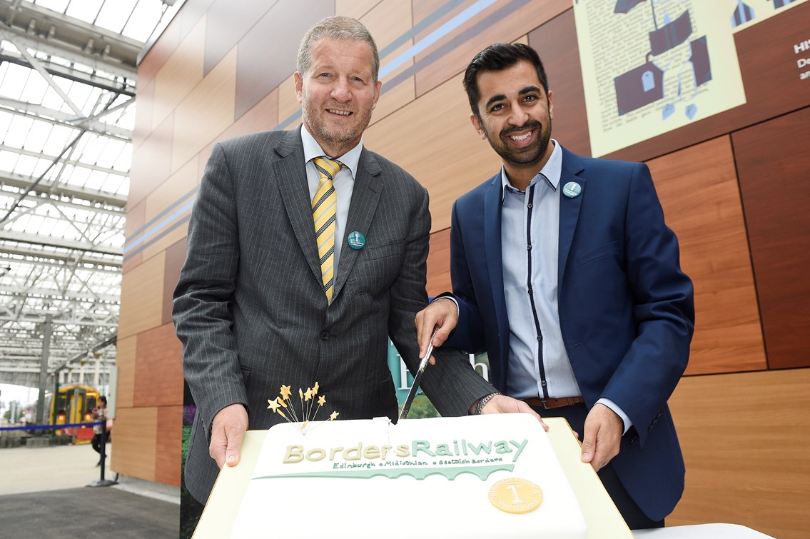 Borders 1st Anniversary: ScotRail Alliance MD Phil Verster (left) and Transport Minister Humza Yousaf celebrate Borders' birthday
