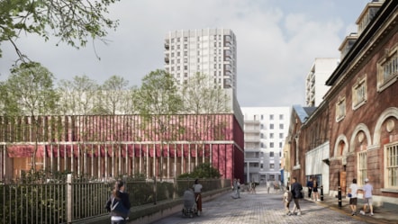 Proposed leisure centre and homes viewed from Norman Street - Finsbury Leisure Centre