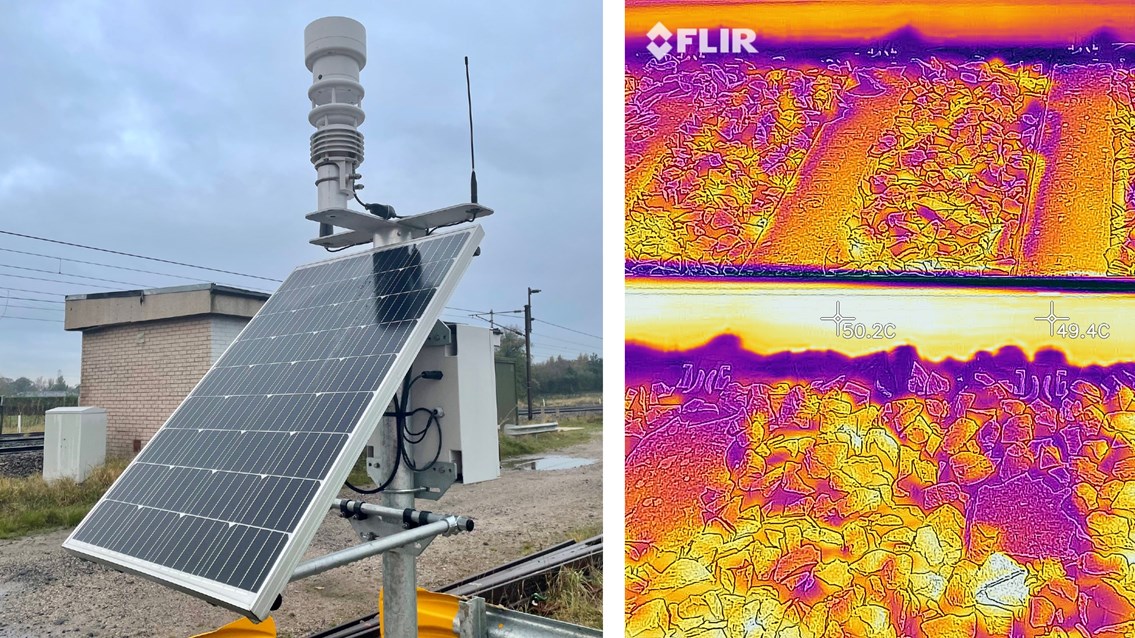 New hi-tech weather stations closely monitoring heatwave on the railway: Weather station composite with infrared image of track temperature