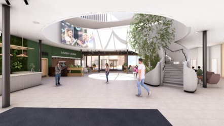 CGI image of inside atrium of proposed University of Cumbria Carlisle Citadels campus