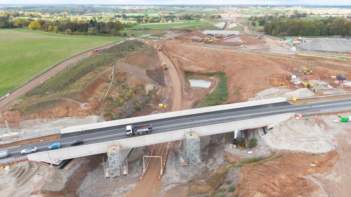HS2 opens twin Warwickshire cycle and road bridges: View of the Fosse Way (B4455) bridge with the Offchurch Greenway bridge behind Oct 2025