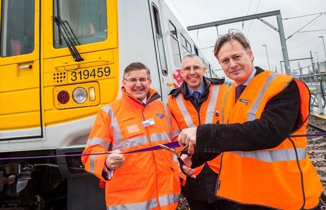 Thameslink Cricklewood sidings: Keith Wallace from GTR, Simon Blanchflower from the Thameslink Programme, and Matthew Offord MP cut the ribbon to open the sidings