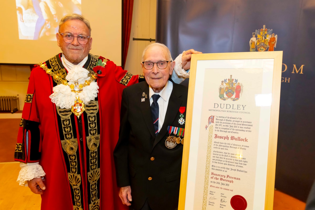 The Mayor of Dudley and Joe Bullock with his scroll