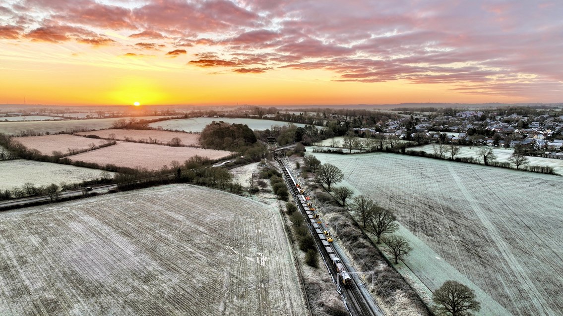 West Coast main line journeys better protected from flooding: Sunset over Kilsby drainage work on West Coast main line Jan 2022