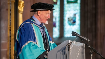 Image of Emeritus Professor John Lee giving address at University of Cumbria Graduation ceremonies - July 2024