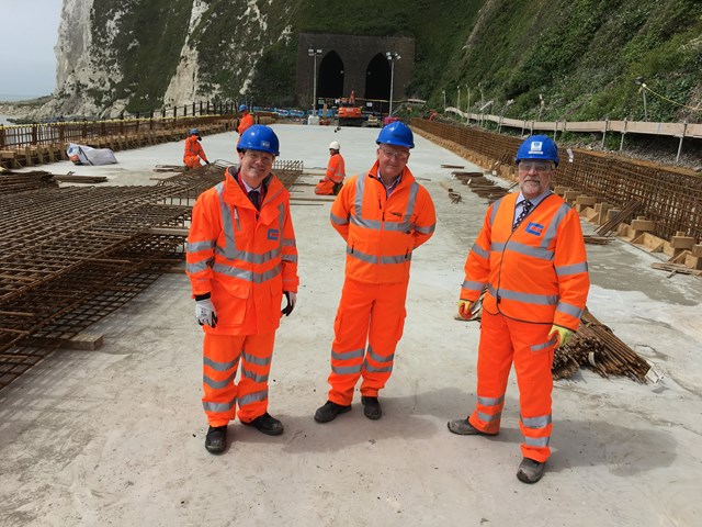 First bridge deck at Dover: MP Charlie Elphicke, Network Rail programme manager Steve Kilby and Costain manager Charly Clark on the first bridge deck to be cast at Dover (three to go!)