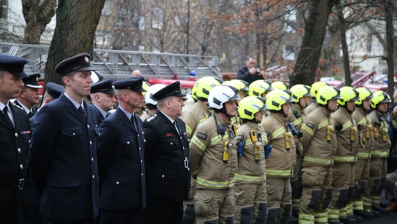 Over 100 firefighters and family members mark 50-year anniversary of fatal hotel fire: London Fire Brigade - Worsley Hotel Fire Firefighters parading