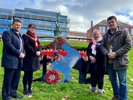 (left) Councillor Andrea Goddard, Mayor of Dudley and Councillor James Clinton, Mayor's consort with (right) Rose Cook-Monk poppy organiser,  and Andy Monk, volunteer.