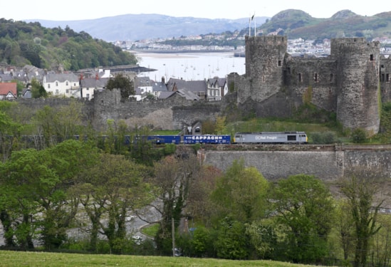 HS2 aggregate train from Penmaenmawr passes Conwy May 2025: CREDIT: DC Rail