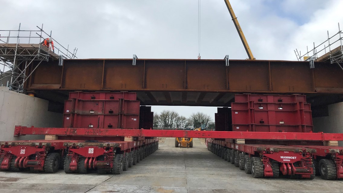Transporters rehearsing moving the steel deck for vehicle railway underpass project in Bicester