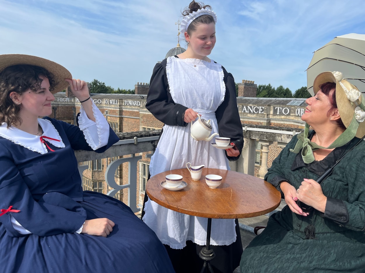 Rooftop tea at Temple Newsam: Members of the house team donned 19th century costumes and took to the rooftop to take tea in style, surrounded by breath-taking views of the sprawling estate.
They were launching a new programme of summer events, giving visitors a taste of what life was like for the generations of servants who lived and worked at Temple Newsam over hundreds of years.