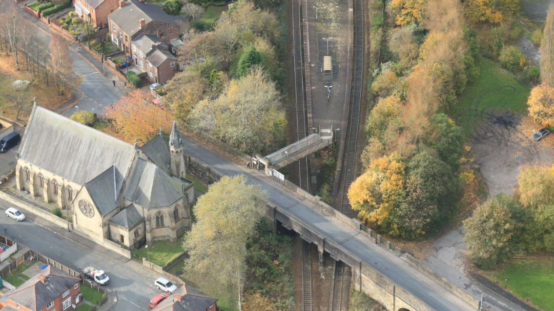 Ince station and Ince Green Lane bridge courtesy of NR Air Ops