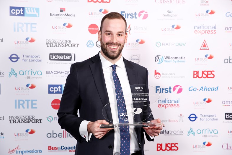 Rob Hutchings, Arriva London South, collects Gold at the 2018 UK Bus Awards