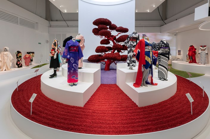 Visit London's top post-lockdown exhibition picks for fashion, history, art and  culture: Installation shot of Kimono Kyoto to Catwalk. Image courtesy of the Victoria and Albert Museum.