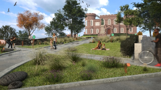 Artist impression of front of Castle and Gardens. Credit: Mather & Co