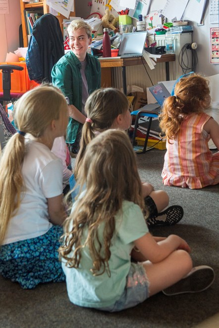 Screen Educator Keiba Clubb with pupils in the earlier primary age phase of the project at Brae Primary School in Shetland. Credit- Dave Donaldson