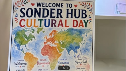 A colourful poster with a map of the world and the words Welcome to Sonder Hub Cultural Day and 'Welcome' in multiple languages