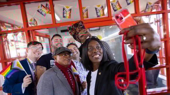 Ticket to Pride: LGBT HERO charity adopts South Western Railway’s Vauxhall station: Vauxhall selfie (L to R) Joe Silke, Kristian Jackson, Cllr Donatus Anyanwu, Alan Palmer, Son Of A Tutu and Florence Eshalomi MP