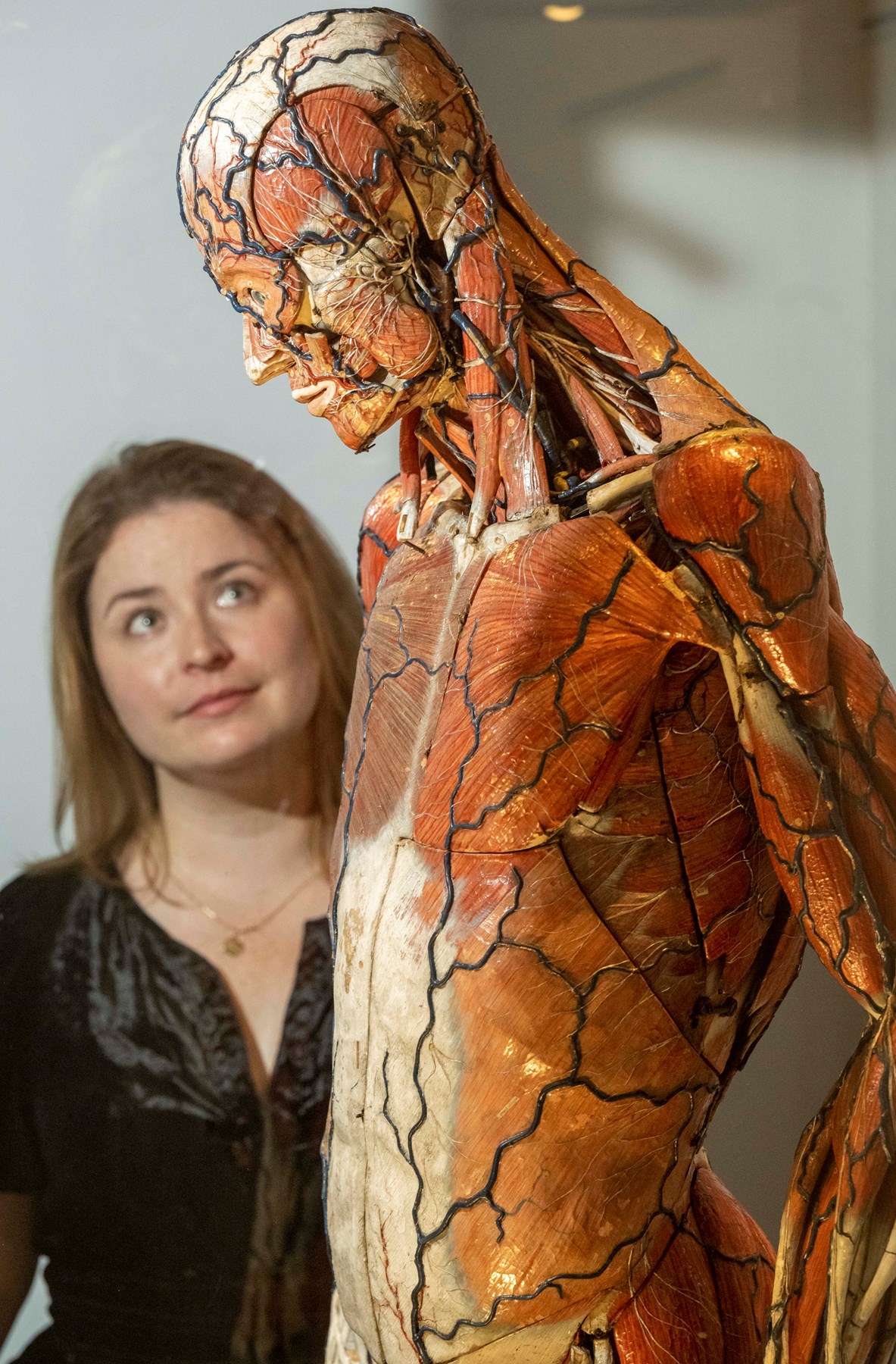 Curator Sophie Goggins with a rare anatomical model by Louis Auzoux, 19th-century, on loan from University of Aberdeen Museums and Special Collections. Photo © Neil Hanna (2)