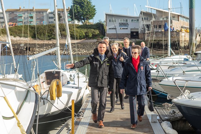HRH The Princess Royal talks to Dr Alex Nimmo-Smith and Professor Judith Petts CBE visits the University of Plymouth's Marine Station (Credit University of Plymouth)