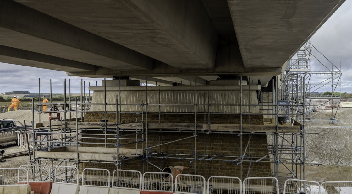 Ironstone cladding being applied to one of the piers beneath the Oxford Canal viaduct Sept 2026