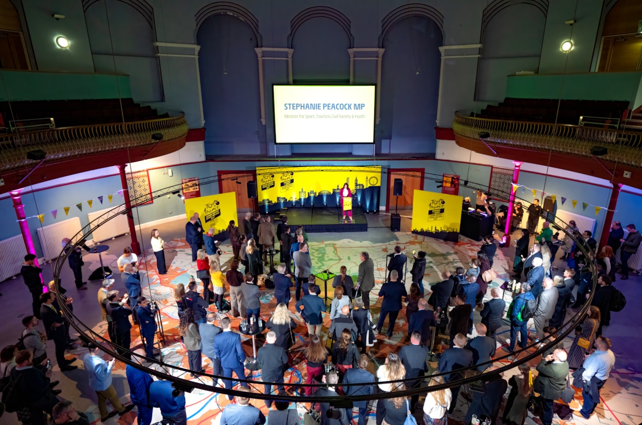 TDF Event 6: Sports Minister Stephanie Peacock MP speaking at Leeds City Museum during the announcement event for the Grand Départs of the 2027 Tour de France and Tour de France Femmes avec Zwift.
