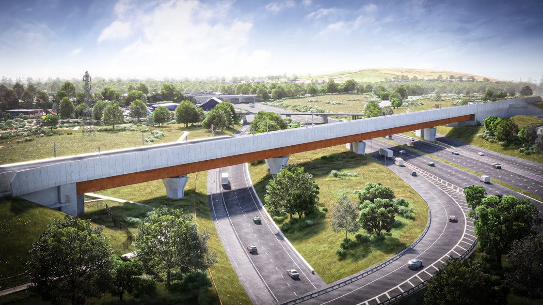 Visualisation showing the M6 South viaduct crossing the motorway and slip roads