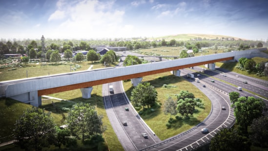 Visualisation showing the M6 South viaduct crossing the motorway and slip roads: Visualisation showing the M6 South viaduct crossing the motorway and slip roads